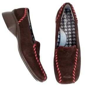 Clarks Indigo Brown Suede Retro Loafers with Pink Stitching, Size 7.5, GUC.